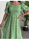 Karpuz Kol Gipeli Pamuklu Viskon Kumaş Elbise Yeşil Papatyali