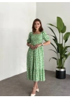 Karpuz Kol Gipeli Pamuklu Viskon Kumaş Elbise Yeşil Papatyali