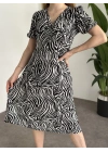 Karpuz Kol Midi Boy Pamuklu Viskon Elbise Zebra