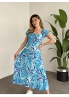 Karpuz Kol Önden Bağcıklı Pamuklu Viskon Elbise Deniz Mavisi