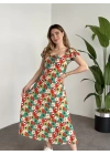 Karpuz Kol Önden Bağcıklı Pamuklu Viskon Elbise Yeşil Kırmızı Çiçekli