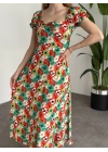 Karpuz Kol Önden Bağcıklı Pamuklu Viskon Elbise Yeşil Kırmızı Çiçekli