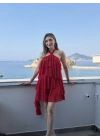 Kat kat volanlı etek ucu uzun elbise kırmızı