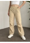 Katlamalı lastik ayarlamalı terikoton kumaş pantolon Krem