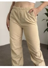 Katlamalı lastik ayarlamalı terikoton kumaş pantolon Krem