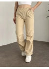 Katlamalı lastik ayarlamalı terikoton kumaş pantolon Krem