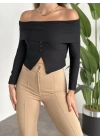 Kayık Yaka Crop Düğmeli Bluz Siyah