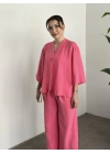 Kimona düğmeli takım pembe