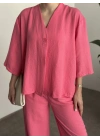 Kimona düğmeli takım pembe