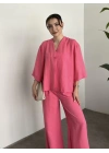 Kimona düğmeli takım pembe