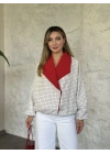 Kırmızı yaka detaylı çizgili ceket