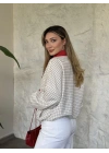 Kırmızı yaka detaylı çizgili ceket