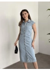 Kısa kollu çıt çıt düğmeli denim elbise açık