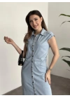 Kısa kollu çıt çıt düğmeli denim elbise açık