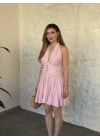 Kloş etekli bel drapeli sırt dekolteli mini elbise pembe
