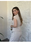 Kruvaze tek düğmeli beli kuşaklı takım krem