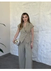 Kruvaze tek düğmeli beli kuşaklı takım yeşil