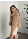 Kruvaze yaka astarlı kürklü mont camel