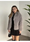 Kruvaze yaka astarlı kürklü mont gri