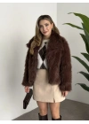 Kruvaze yaka astarlı kürklü mont kahve
