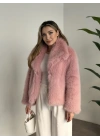 Kruvaze yaka astarlı kürklü mont pembe
