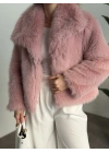 Kruvaze yaka astarlı kürklü mont pembe