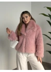 Kruvaze yaka astarlı kürklü mont pembe