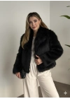 Kruvaze yaka astarlı kürklü mont siyah