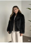 Kruvaze yaka astarlı kürklü mont siyah