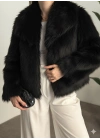 Kruvaze yaka astarlı kürklü mont siyah