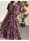 Kruvaze yaka viskon elbise Pembe Çiçekli Yapraklı