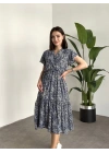 Kruvaze yaka viskon elbise Lacivert Beyaz Zebra Desenli