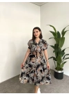 Kruvaze yaka viskon elbise Siyah Büyük Yapraklı