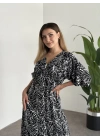 Kruvaze Yaka Yarasa Kol Yırtmaçlı Lastikli Elbise Siyah Beyaz