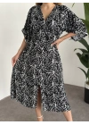 Kruvaze Yaka Yarasa Kol Yırtmaçlı Lastikli Elbise Siyah Beyaz