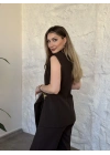 Kuşaklı aksesuar geçirmeli drapeli takım kahve