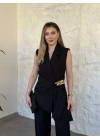 Kuşaklı aksesuar geçirmeli drapeli takım siyah