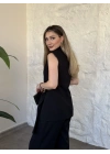 Kuşaklı aksesuar geçirmeli drapeli takım siyah