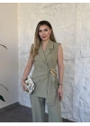 Kuşaklı aksesuar geçirmeli drapeli takım yeşil
