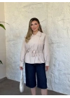 Kuşaklı Cep Detaylı Modern Trenç Ceket krem