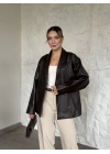 Lena şal yaka görünümlü deri trenç kahve