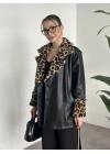 Leopar desenli kürklü deri trenç kısa