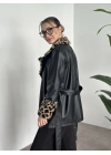 Leopar desenli kürklü deri trenç kısa