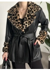 Leopar desenli kürklü deri trenç kısa