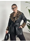 Leopar desenli kürklü deri trenç kısa