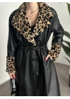 Leopar desenli kürklü deri trenç uzun
