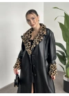 Leopar desenli kürklü deri trenç uzun