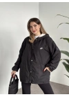 Logo detay içi tamamen peluş oversize yağmurluk mont siyah