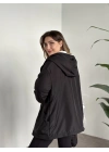 Logo detay içi tamamen peluş oversize yağmurluk mont siyah