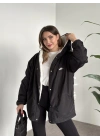 Logo detay içi tamamen peluş oversize yağmurluk mont siyah